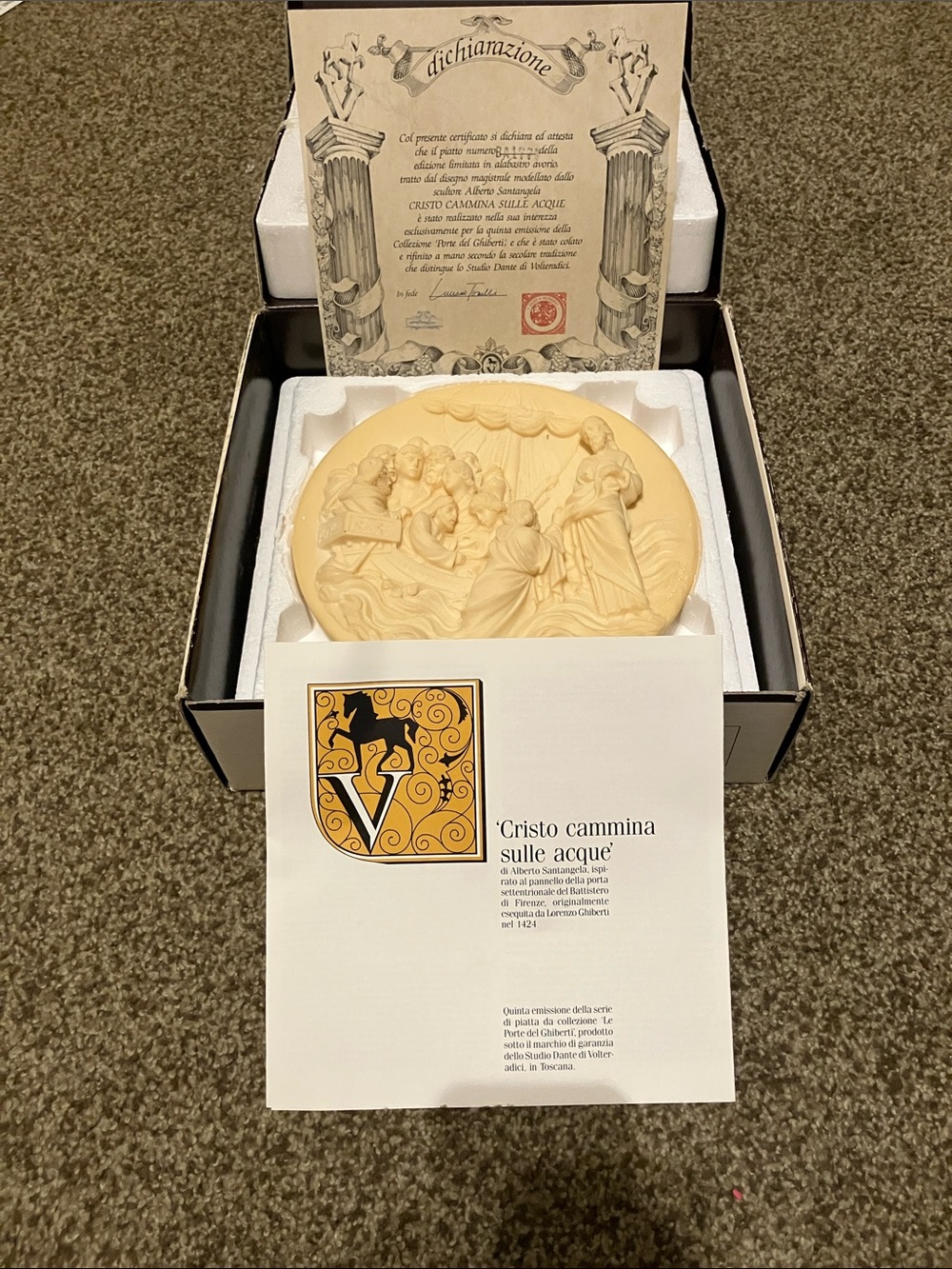“Christ walks upon the water” Plate Ivory Alabaster from Tuscany Italy